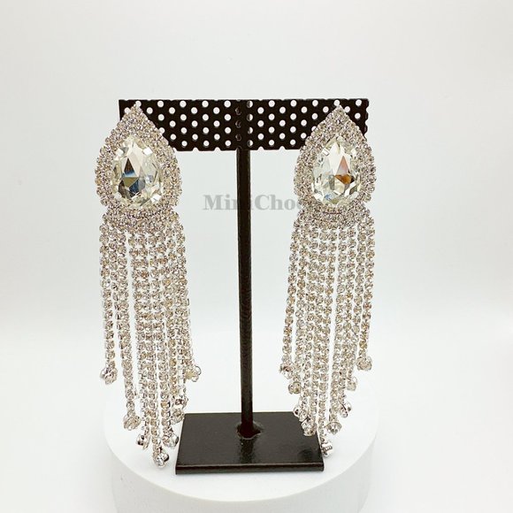 Silver Tone Rhinestone Pear Shape Button Fringe Drop Earrings - Picture 5 of 5